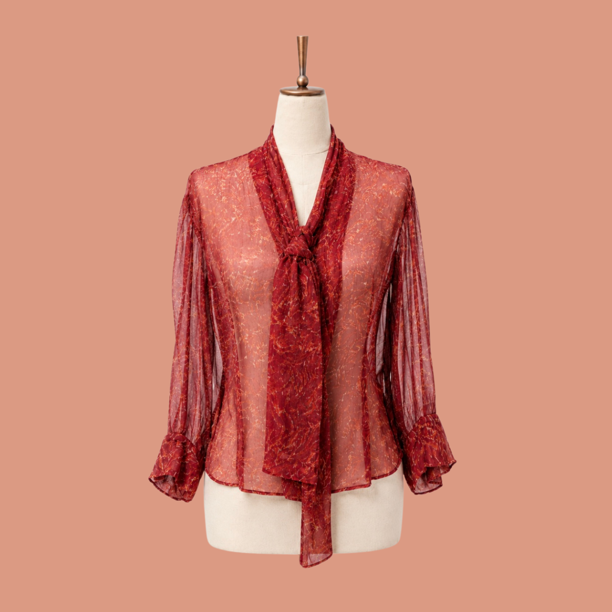 Red Bow  Blusa in crêpe di seta rosso con fiocco — anni ’70