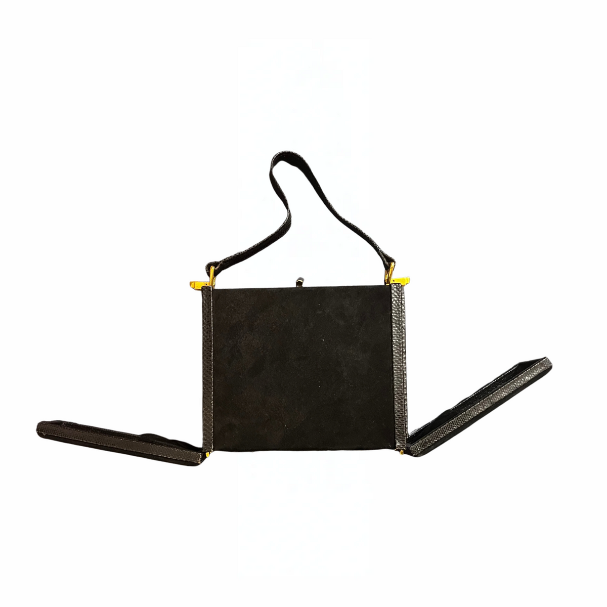 Borsa Andrea Pfister anni '70/'80 in camoscio nero con specchio e portapettine