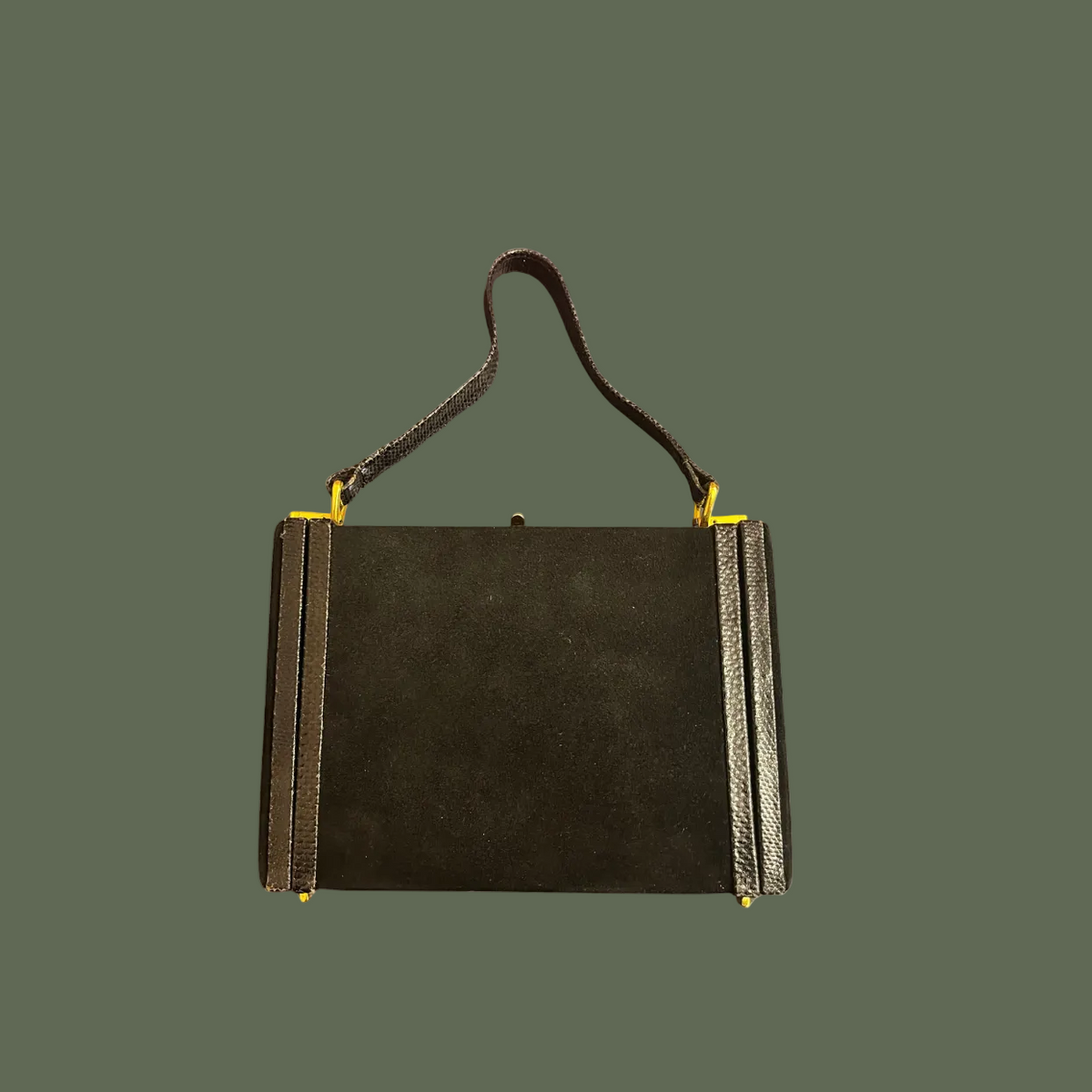 Borsa Andrea Pfister anni '70/'80 in camoscio nero con specchio e portapettine