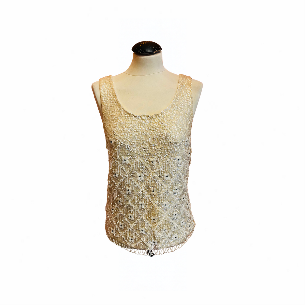 Top vintage anni ’60 in lana bianca ricamato con perline e strass