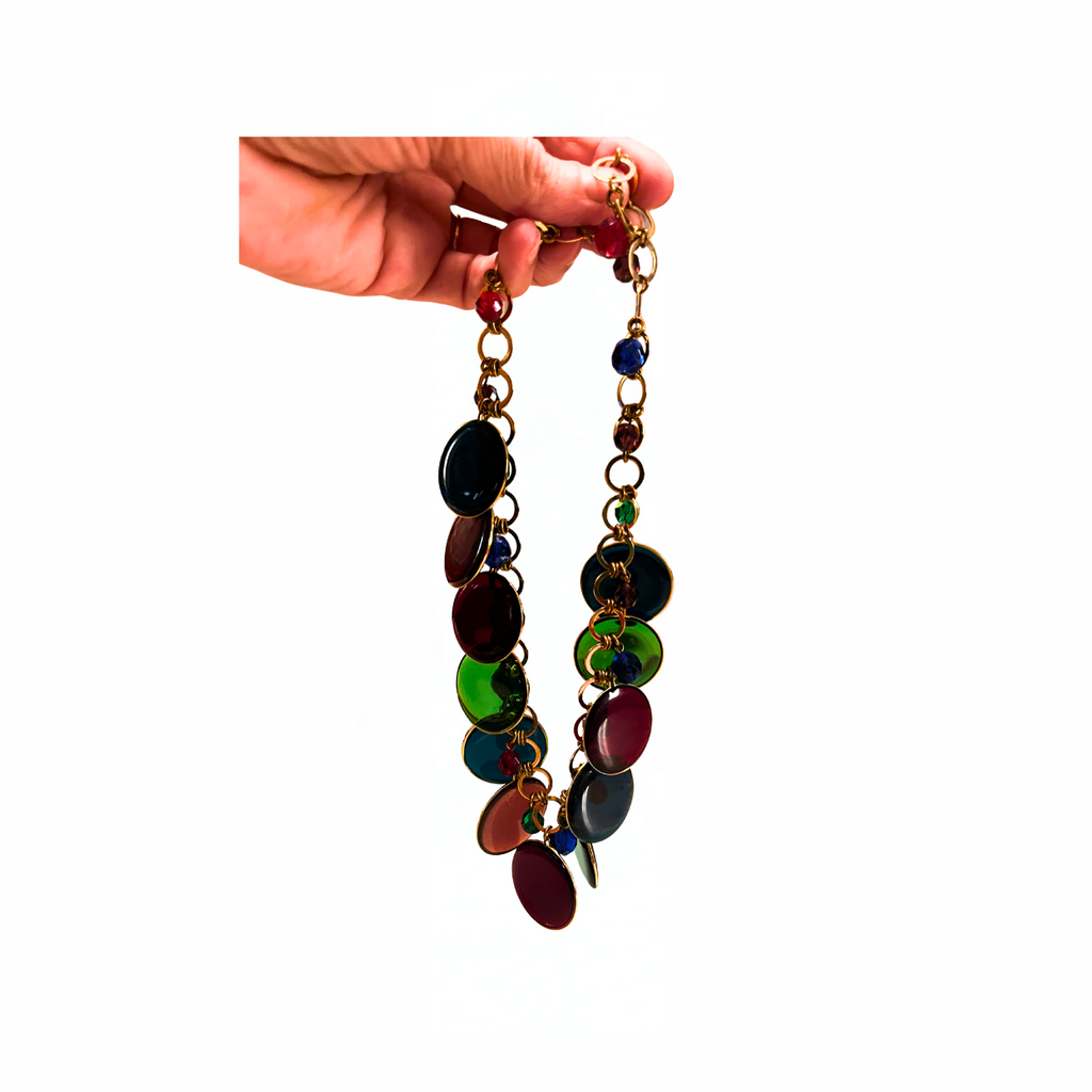 Collana girocollo anni '80 in metallo dorato con ciondoli colorati