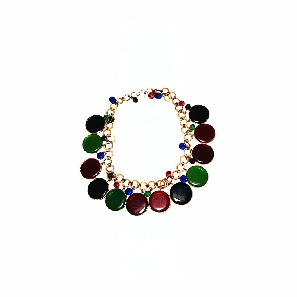 Collana girocollo anni '80 in metallo dorato con ciondoli colorati