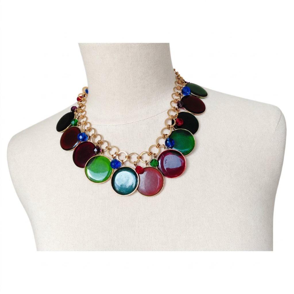 Collana girocollo anni '80 in metallo dorato con ciondoli colorati