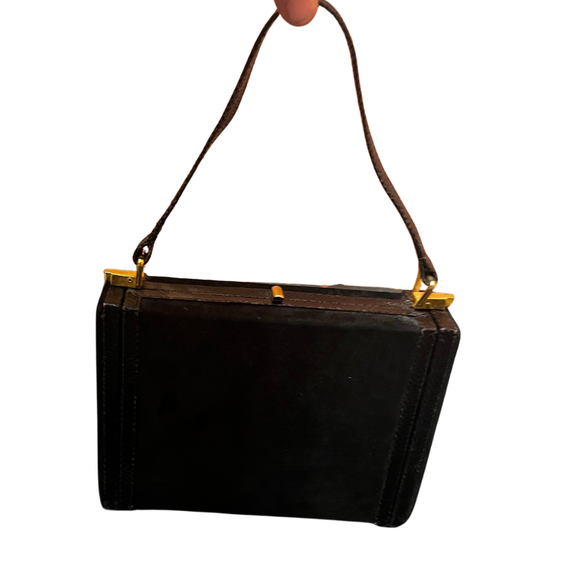 Borsa Andrea Pfister anni '70/'80 in camoscio nero con specchio e portapettine