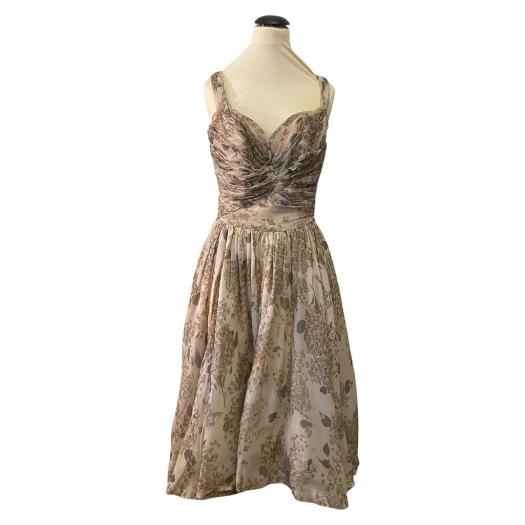Abito da cocktail anni ’50 in chiffon di seta floreale con bustier plissé
