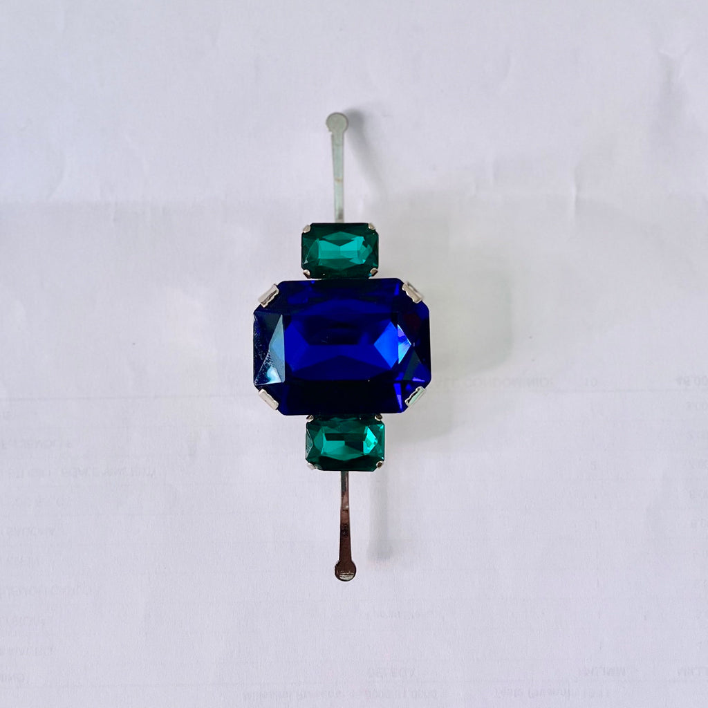 1990 geometric blu and green brooch