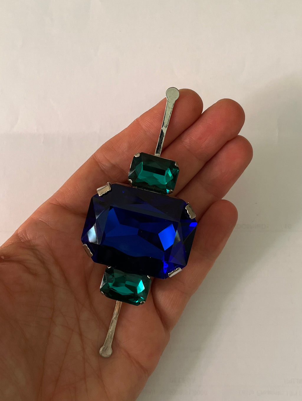 1990 geometric blu and green brooch
