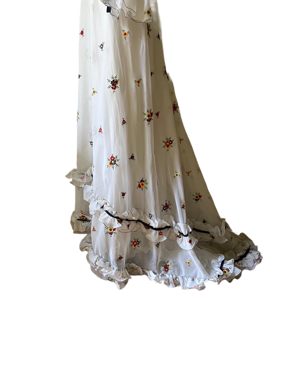 1970 white and flowered long train dress