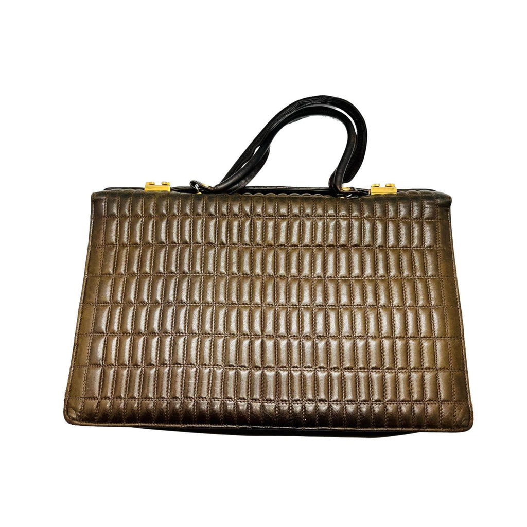 Brown Quilted  Borsa italiana in pelle marrone trapuntata — anni ’70
