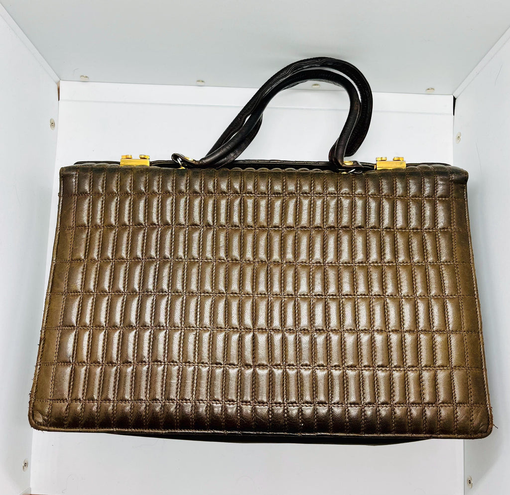 Brown Quilted  Borsa italiana in pelle marrone trapuntata — anni ’70