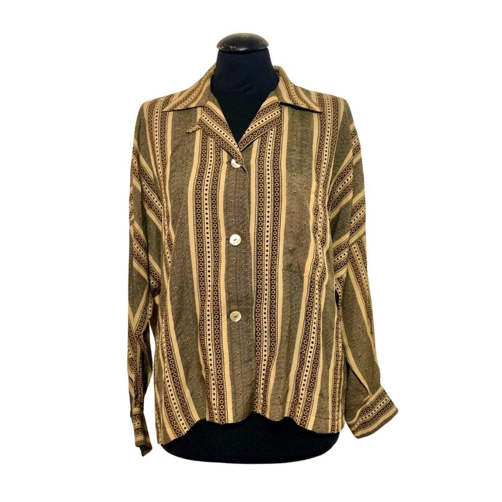 Yellow Seventies  Camicia in seta stampata gialla, nera e beige — anni ’70