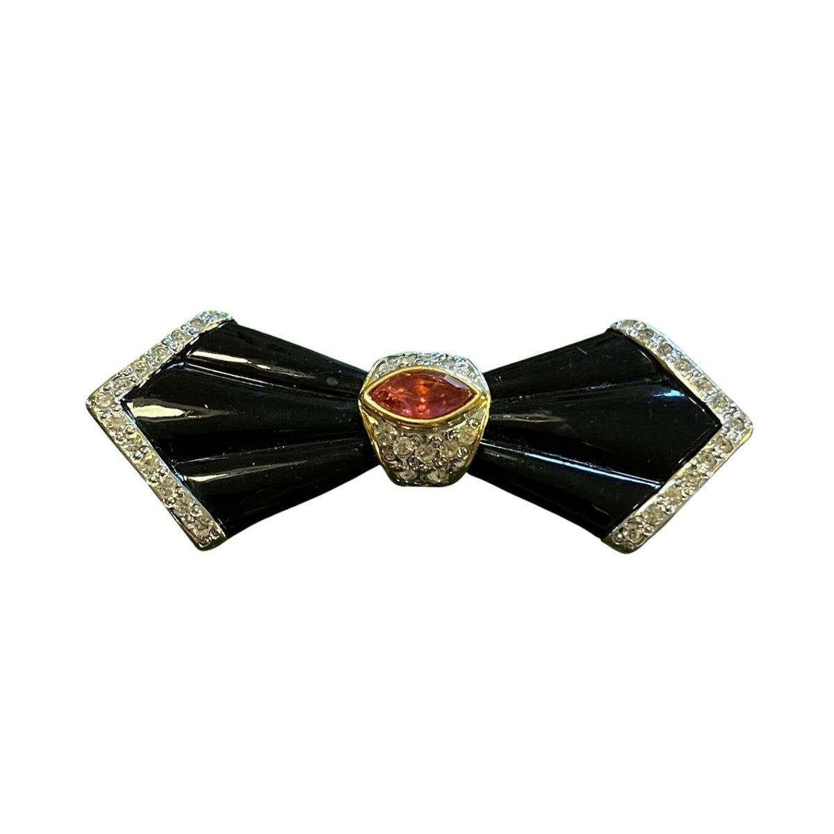 Spilla vintage anni ’80 Vogue Bijoux in smalto nero e strass a forma di fiocco