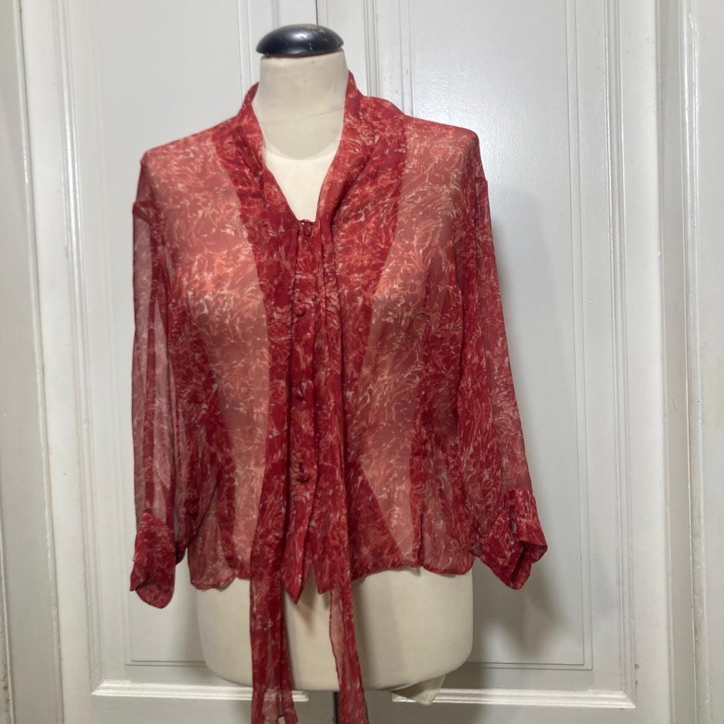 Red Bow  Blusa in crêpe di seta rosso con fiocco — anni ’70
