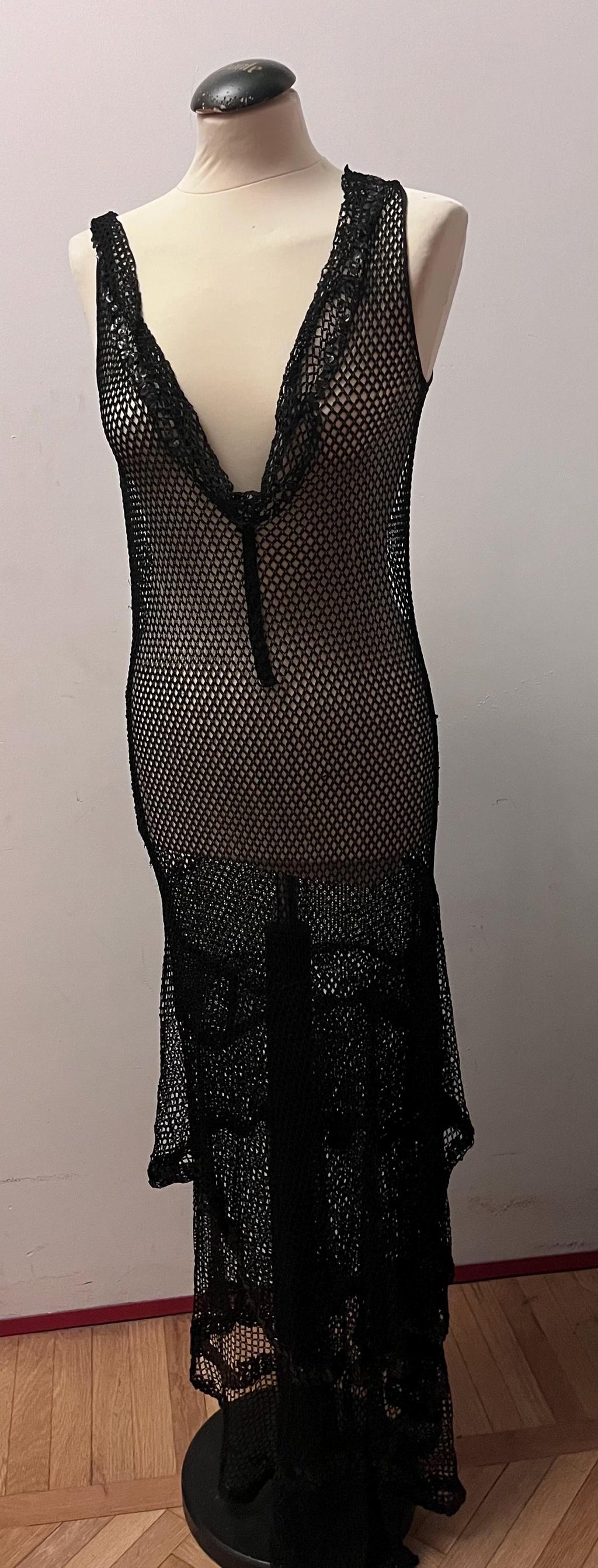Stunning 1920s flapper black fishnet dress