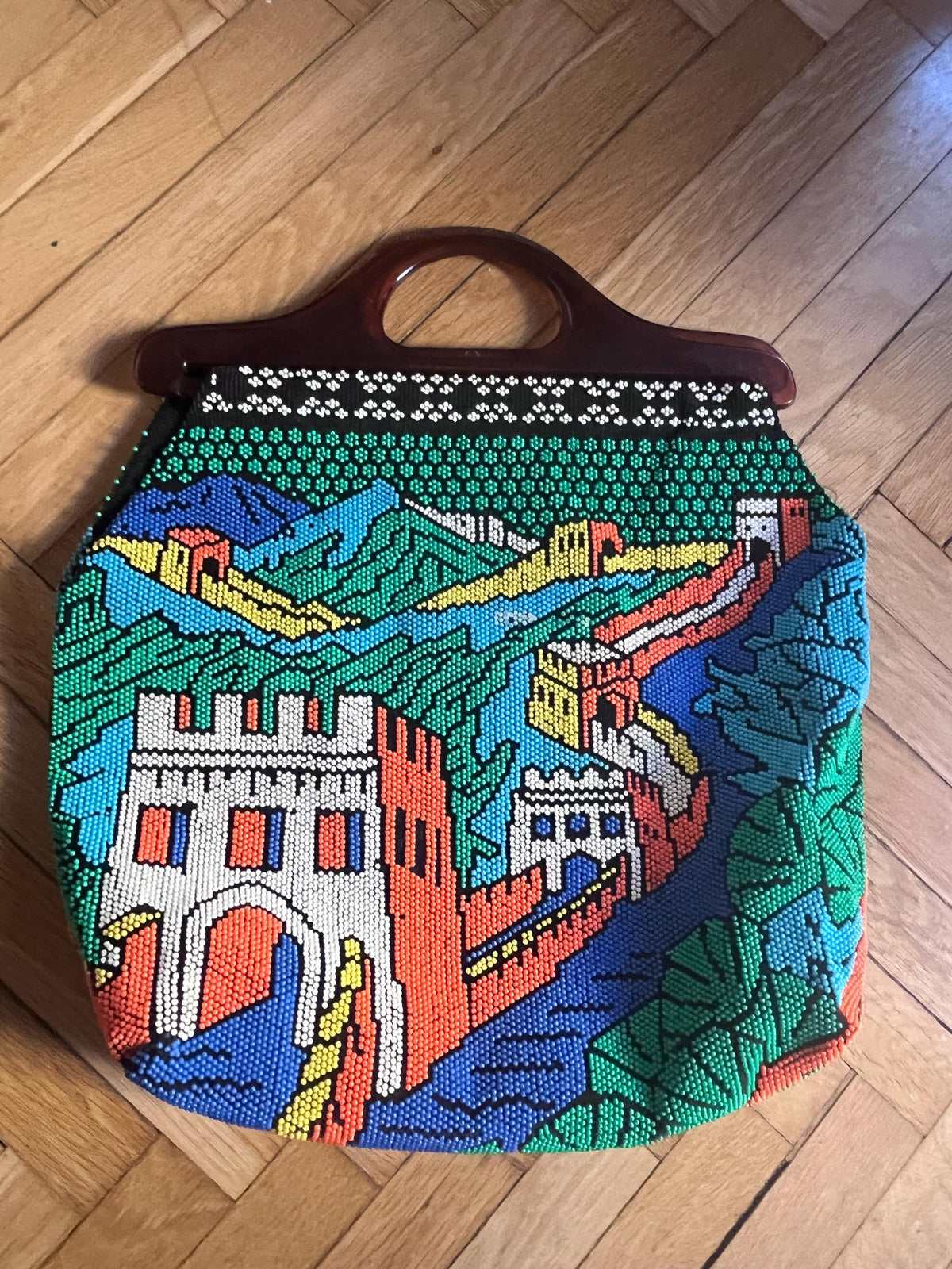 1970s scenic beaded bag