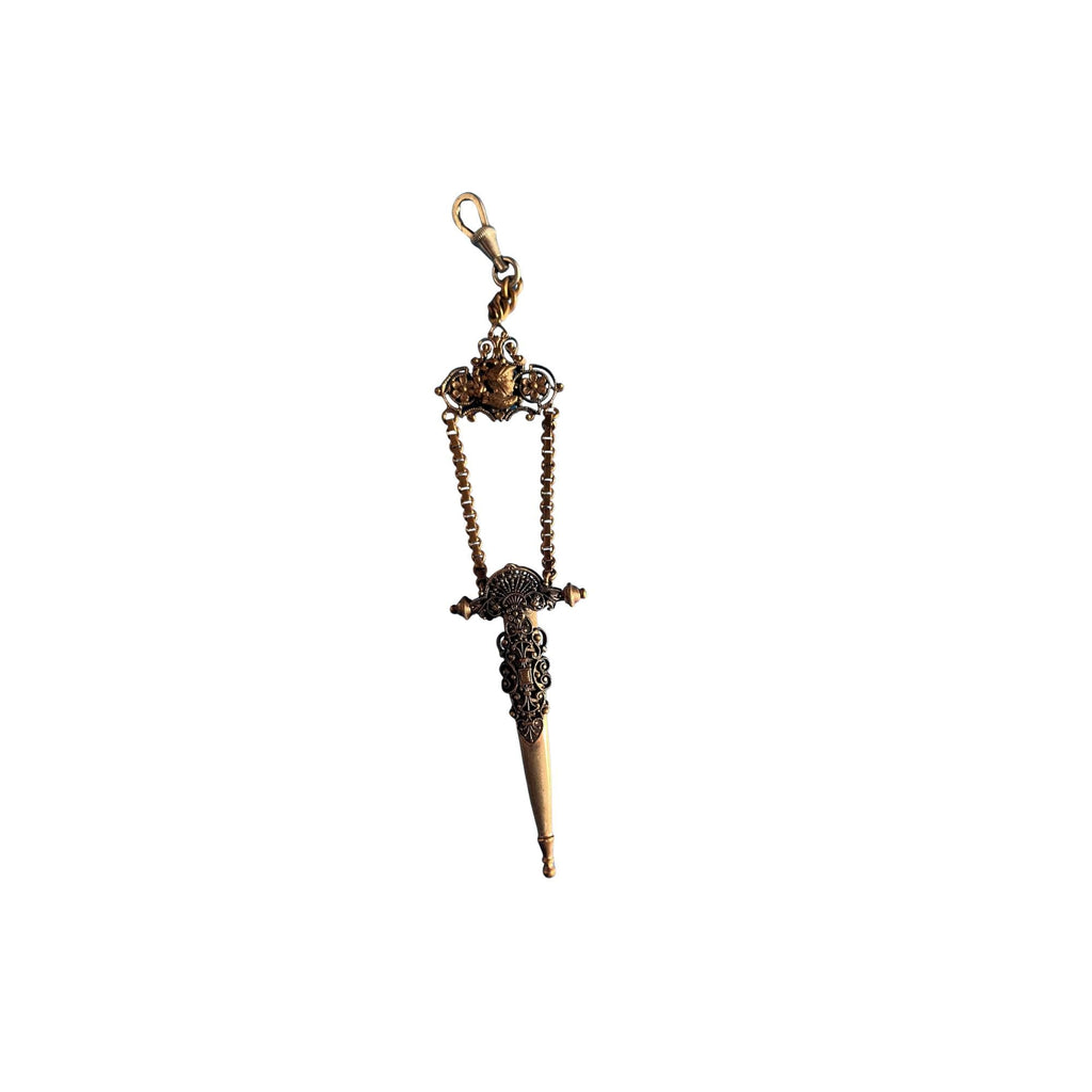 Antique Brass Chatelaine Scissor/Stiletto/Bodkin Holder with Clip - 1900's - Rococo Heraldic Design