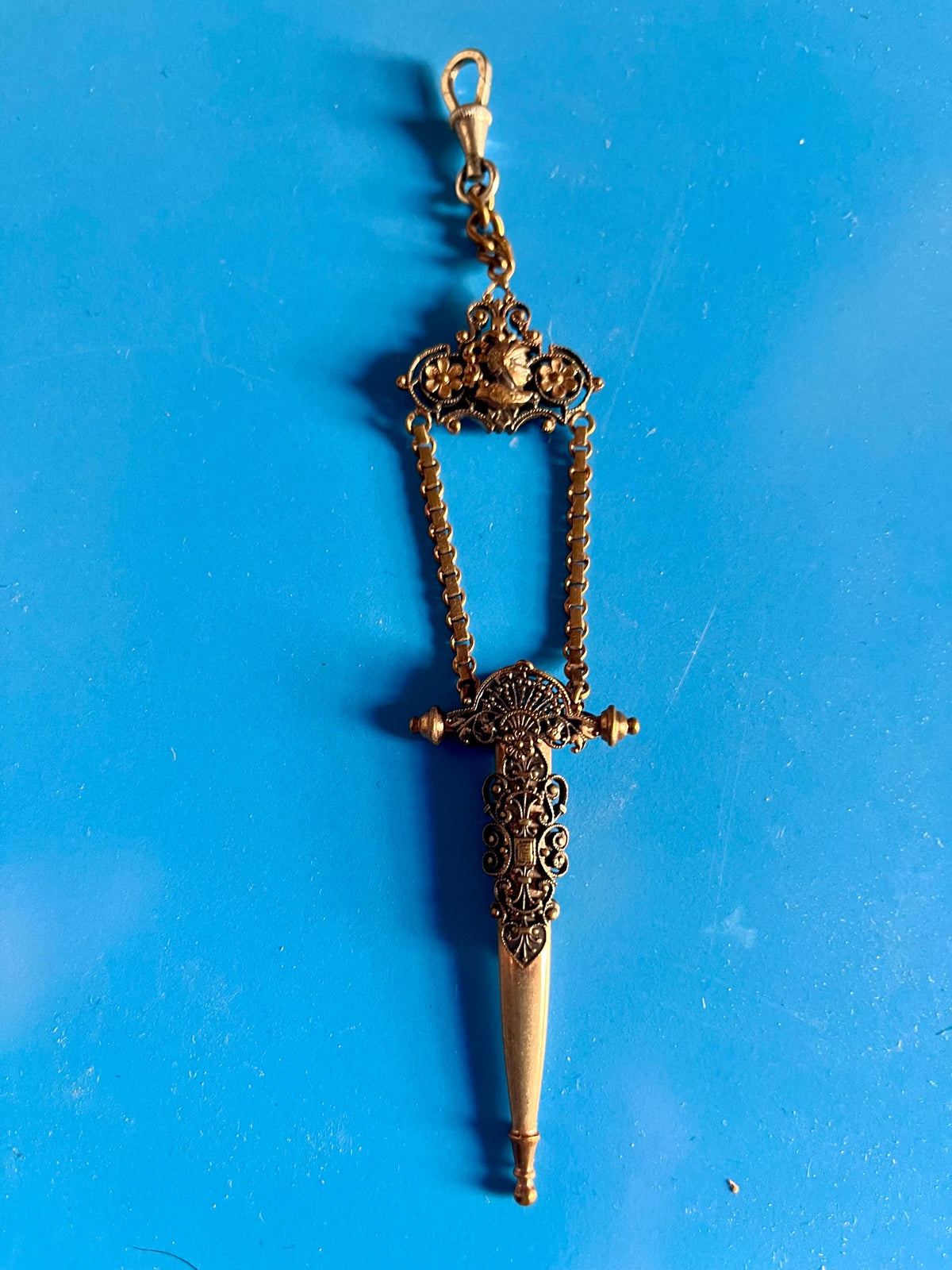 Antique Brass Chatelaine Scissor/Stiletto/Bodkin Holder with Clip - 1900's - Rococo Heraldic Design