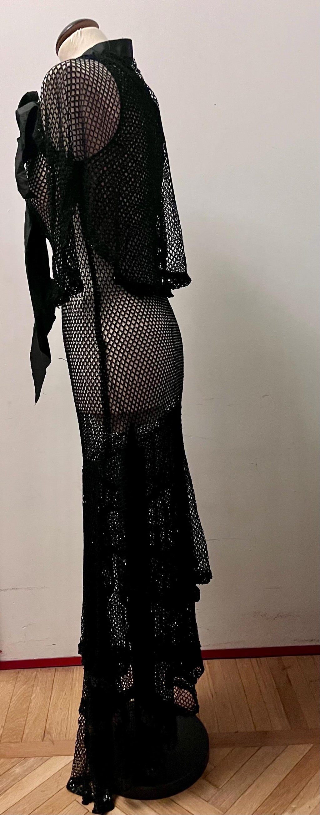 Stunning 1920s flapper black fishnet dress