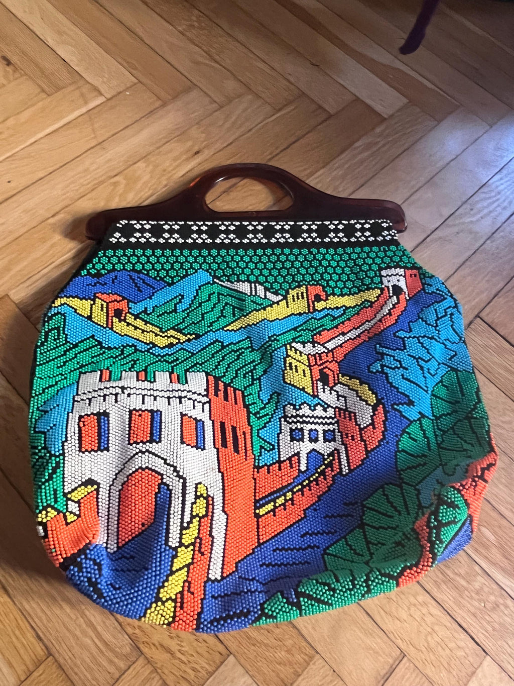1970s scenic beaded bag