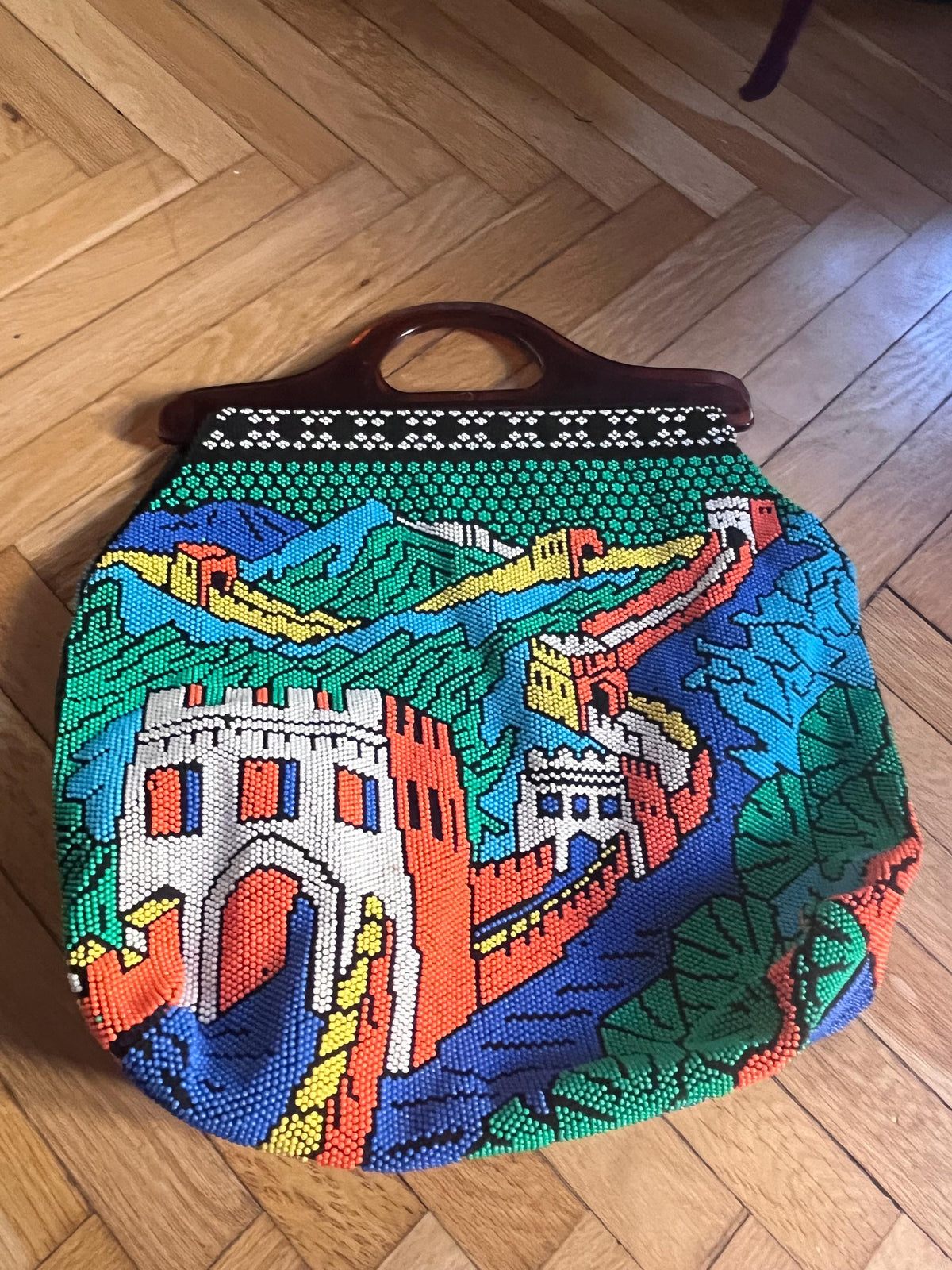 1970s scenic beaded bag