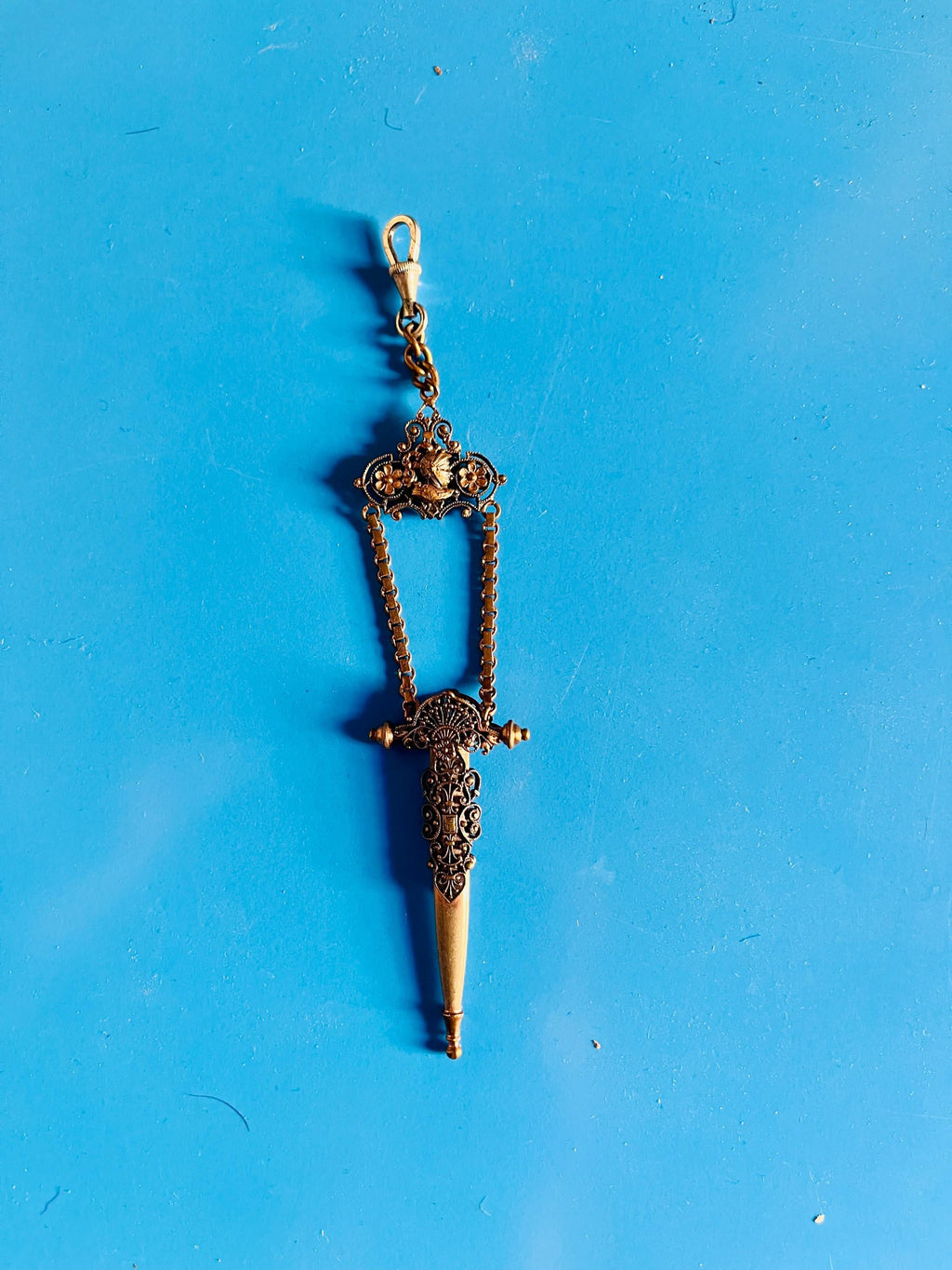Antique Brass Chatelaine Scissor/Stiletto/Bodkin Holder with Clip - 1900's - Rococo Heraldic Design