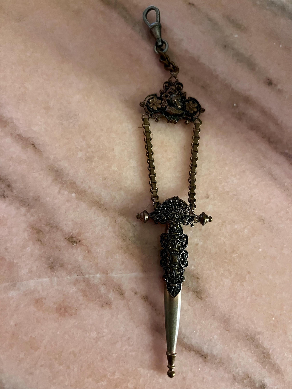 Antique Brass Chatelaine Scissor/Stiletto/Bodkin Holder with Clip - 1900's - Rococo Heraldic Design