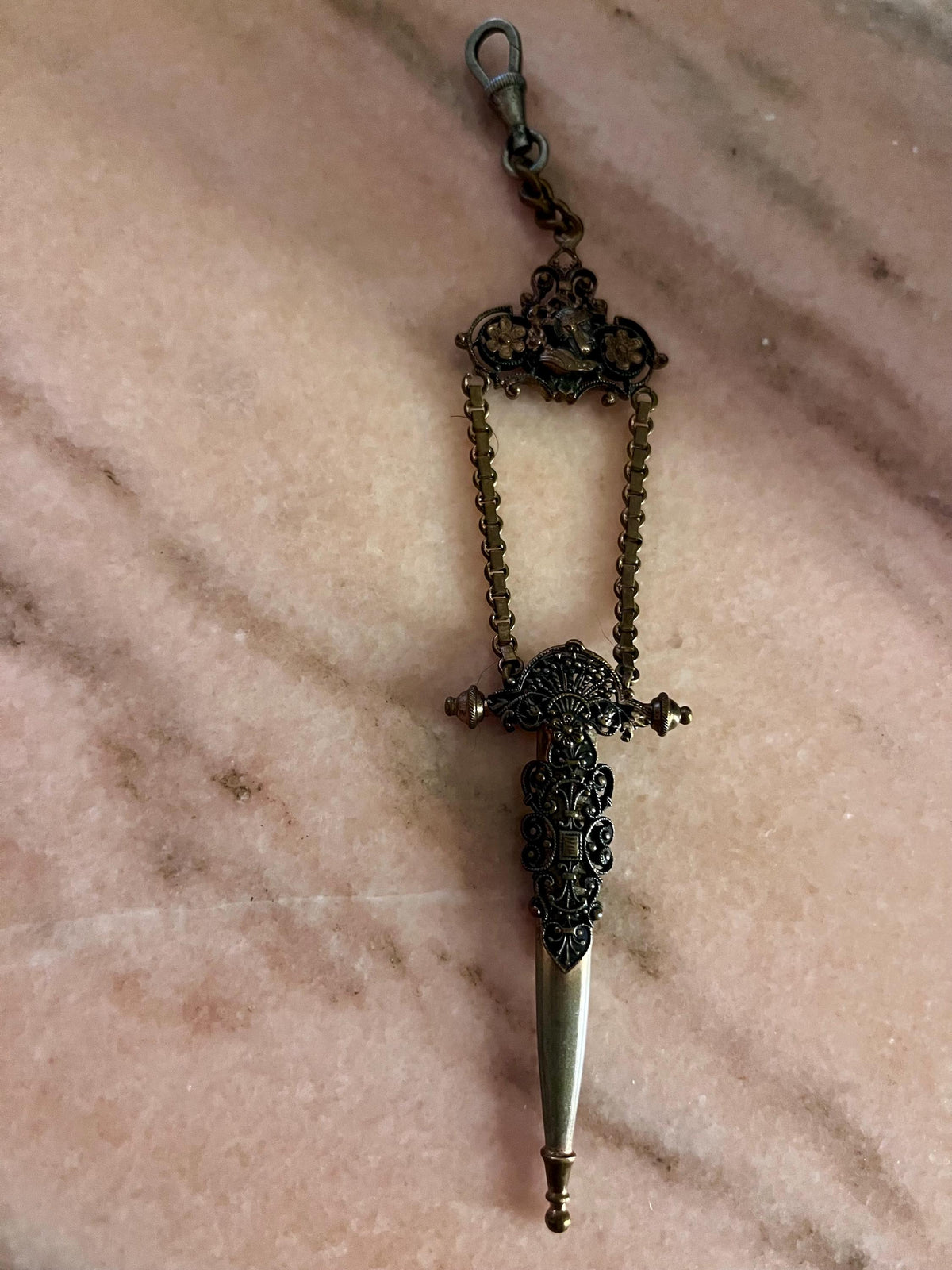 Antique Brass Chatelaine Scissor/Stiletto/Bodkin Holder with Clip - 1900's - Rococo Heraldic Design