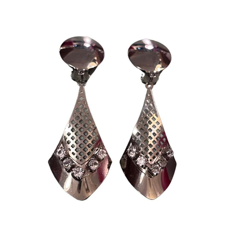 1990s Silver-Tone & Rhinestone Clip-On Earrings