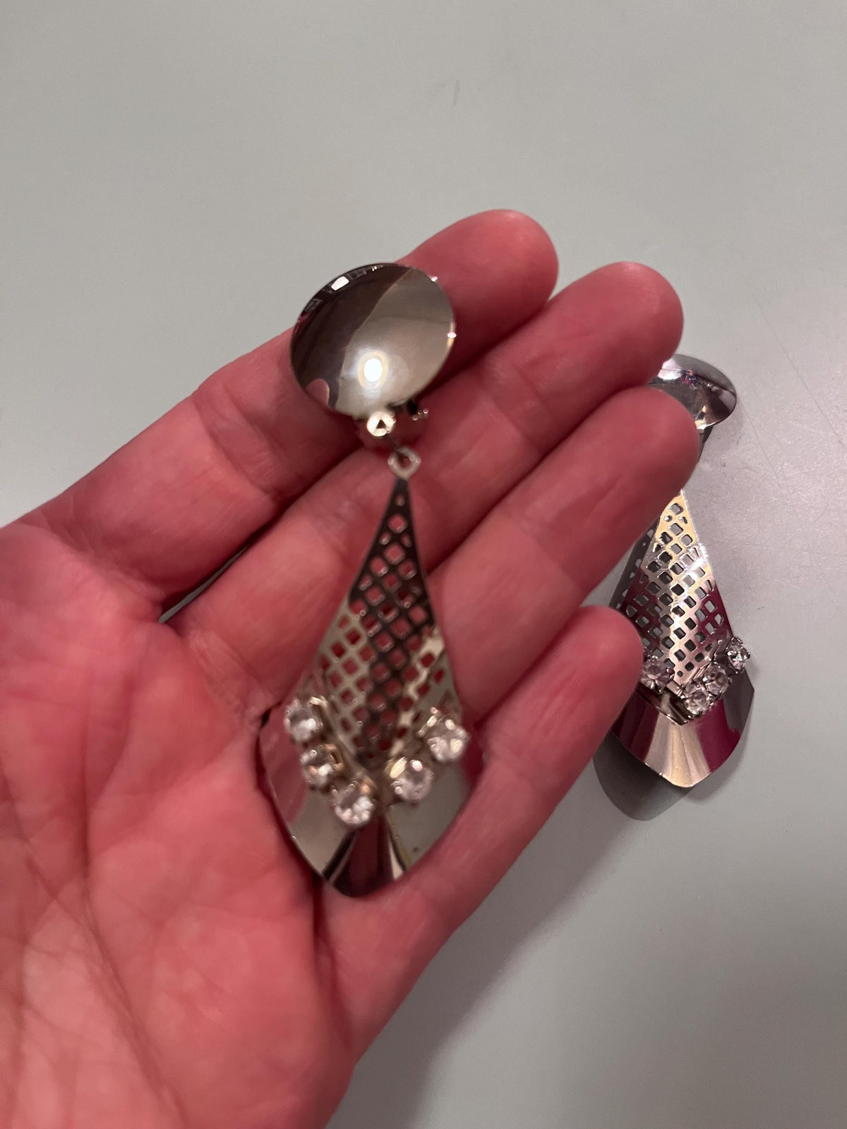 1990s Silver-Tone & Rhinestone Clip-On Earrings
